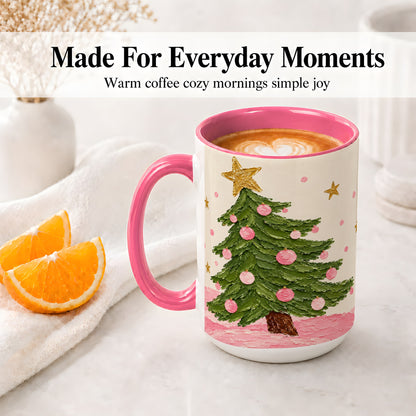#pl[15oz|Pink] Pink Christmas Tree Accent Mug, Ceramic Cup with Oil Paint Design