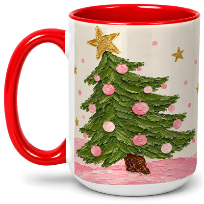 #pl[15oz|Red] Pink Christmas Tree Accent Mug, Ceramic Cup with Oil Paint Design