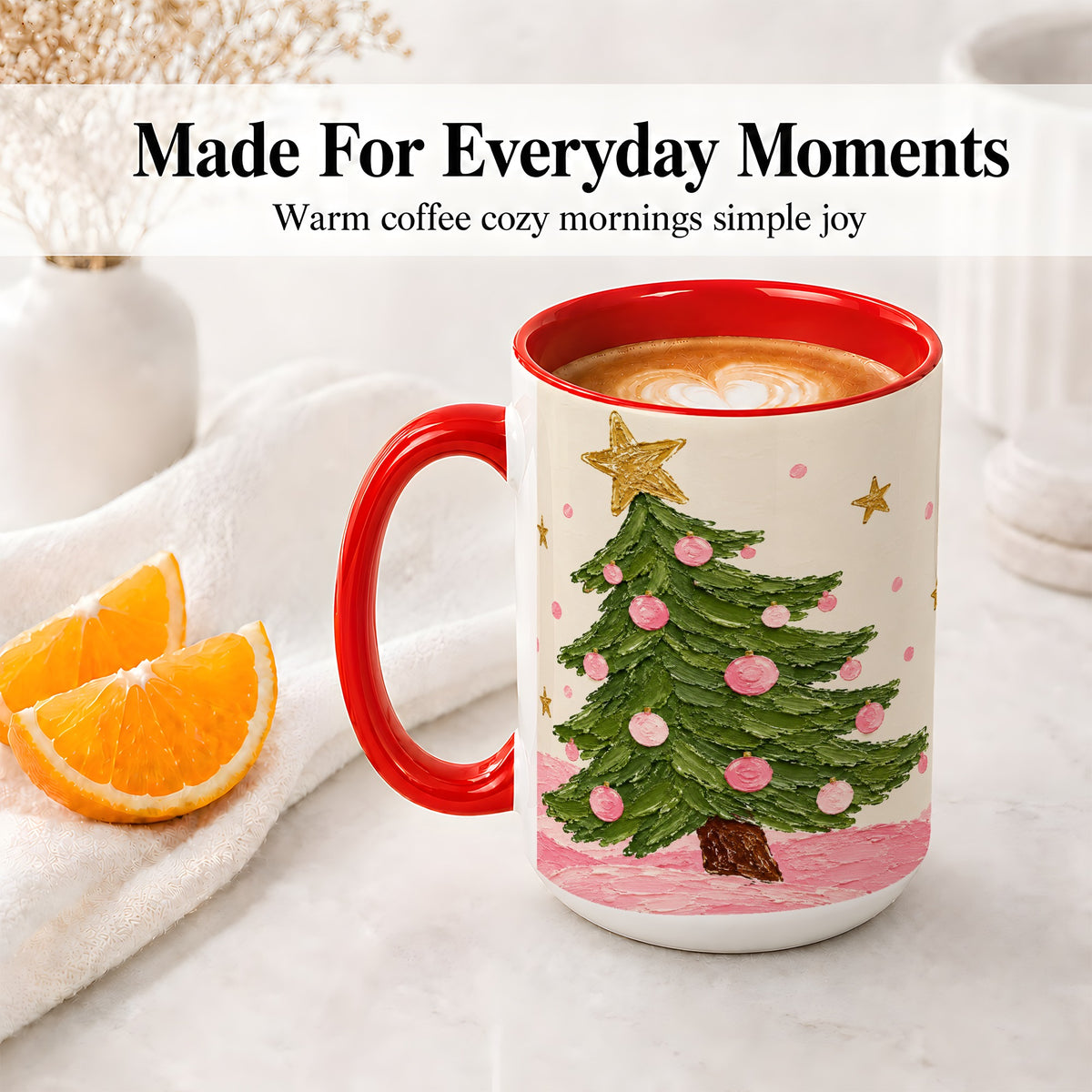 #pl[15oz|Red] Pink Christmas Tree Accent Mug, Ceramic Cup with Oil Paint Design