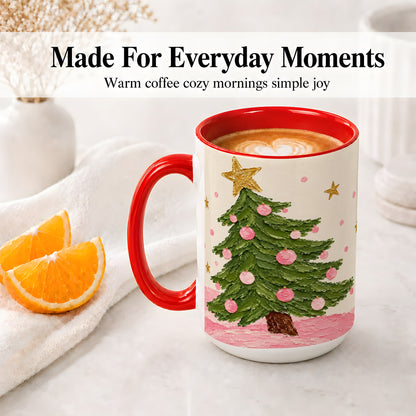 #pl[15oz|Red] Pink Christmas Tree Accent Mug, Ceramic Cup with Oil Paint Design