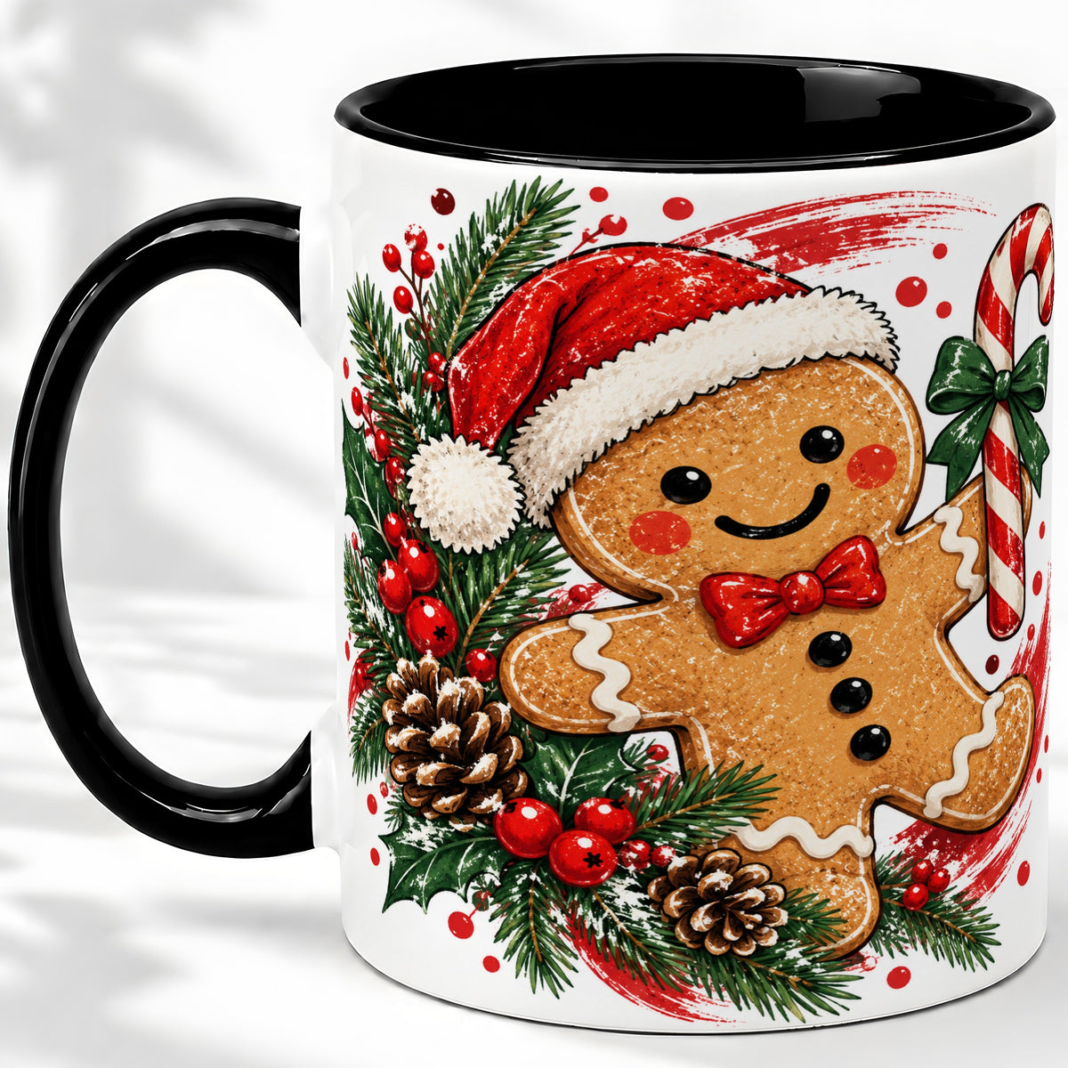 #pl[11oz|Black] Christmas Gingerbread Man Accent Mug, Ceramic Cup for Holiday Coffee