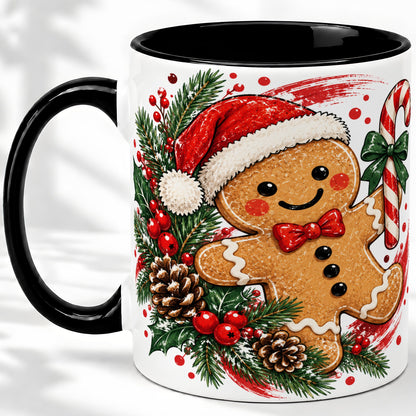 #pl[11oz|Black] Christmas Gingerbread Man Accent Mug, Ceramic Cup for Holiday Coffee