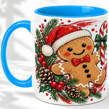 #pl[11oz|Blue] Christmas Gingerbread Man Accent Mug, Ceramic Cup for Holiday Coffee