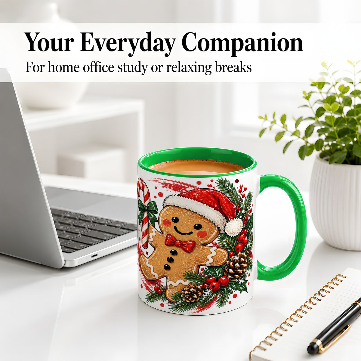 #pl[11oz|Green] Christmas Gingerbread Man Accent Mug, Ceramic Cup for Holiday Coffee