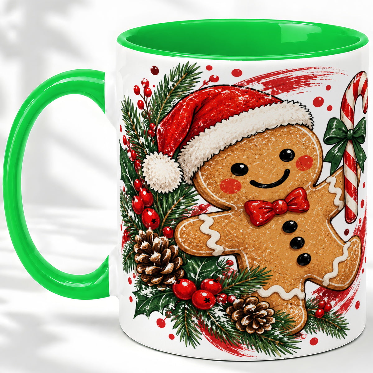 #pl[11oz|Green] Christmas Gingerbread Man Accent Mug, Ceramic Cup for Holiday Coffee