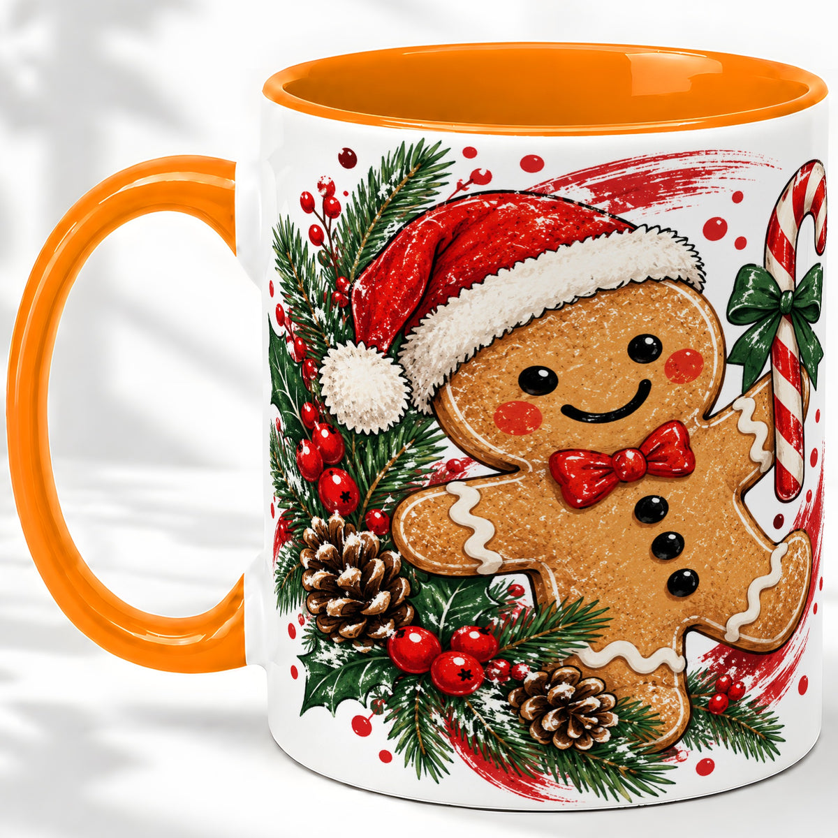 #pl[11oz|Orange] Christmas Gingerbread Man Accent Mug, Ceramic Cup for Holiday Coffee
