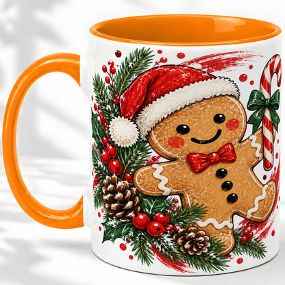 #pl[11oz|Orange] Christmas Gingerbread Man Accent Mug, Ceramic Cup for Holiday Coffee