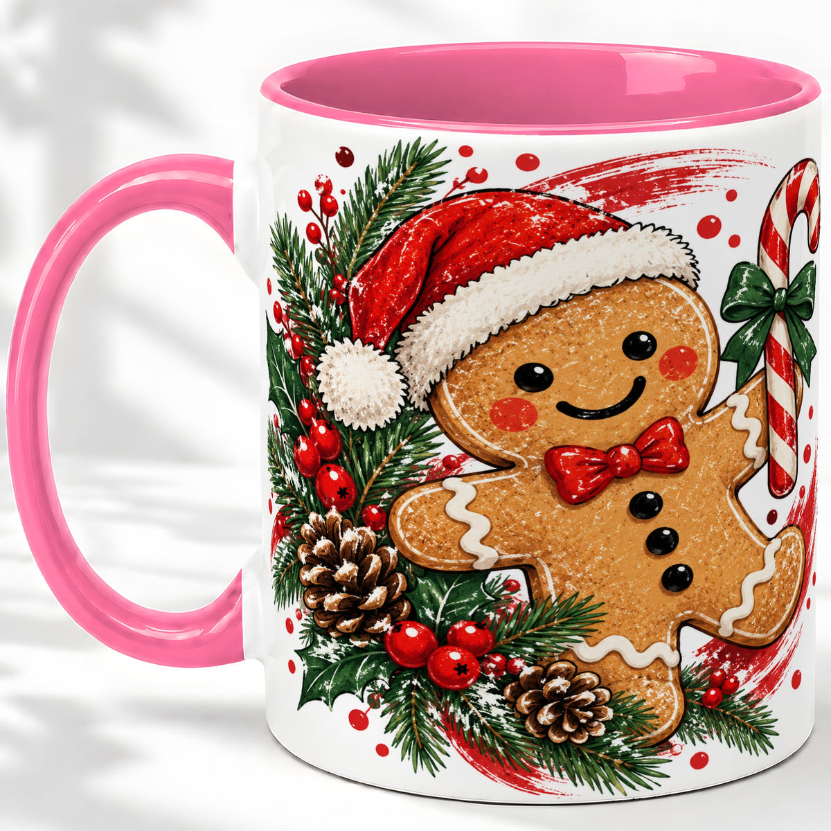 #pl[11oz|Pink] Christmas Gingerbread Man Accent Mug, Ceramic Cup for Holiday Coffee