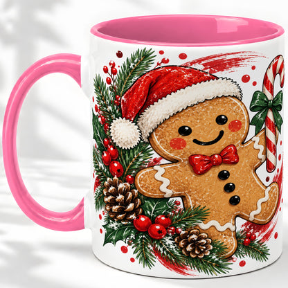 #pl[11oz|Pink] Christmas Gingerbread Man Accent Mug, Ceramic Cup for Holiday Coffee