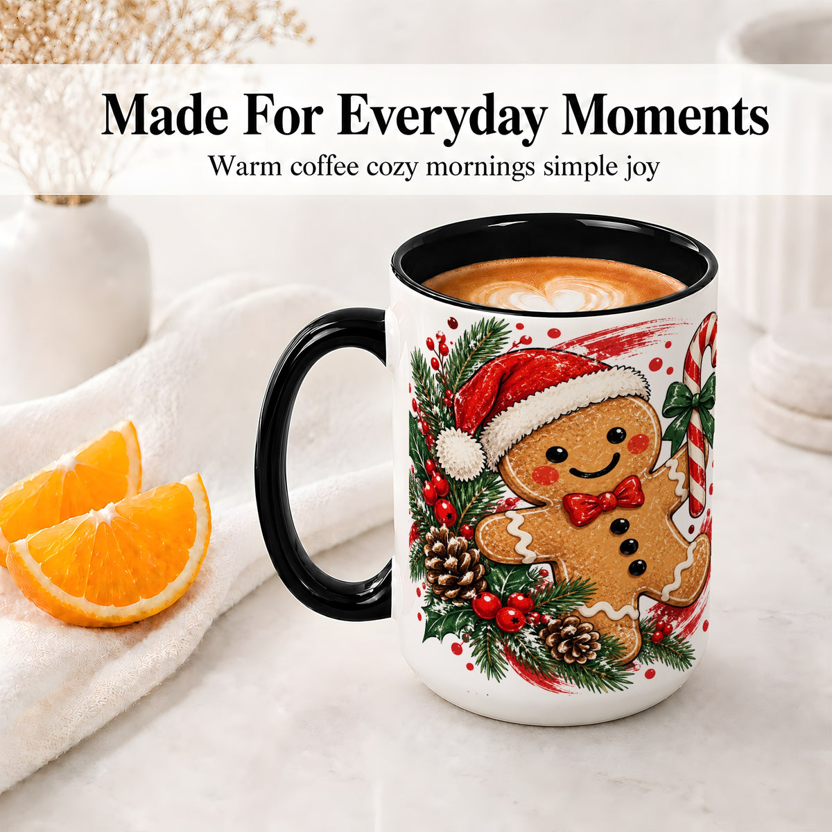 #pl[15oz|Black] Christmas Gingerbread Man Accent Mug, Ceramic Cup for Holiday Coffee