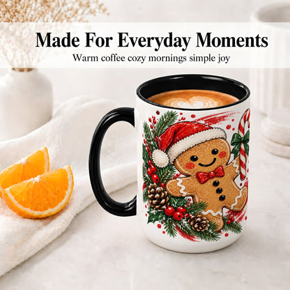 #pl[15oz|Black] Christmas Gingerbread Man Accent Mug, Ceramic Cup for Holiday Coffee