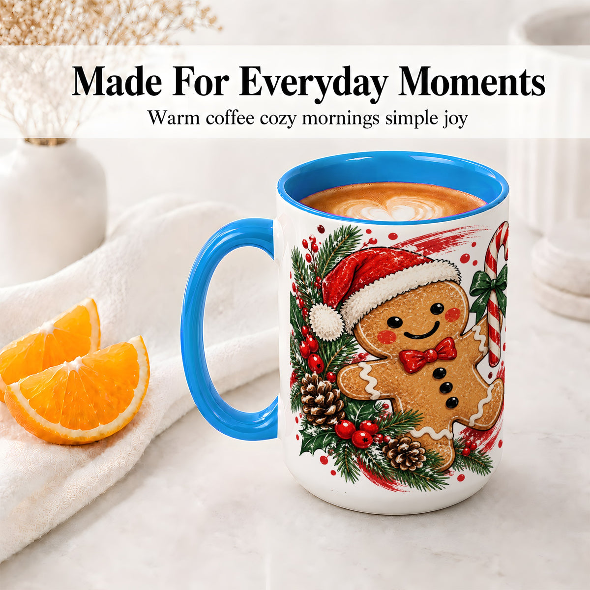 #pl[15oz|Blue] Christmas Gingerbread Man Accent Mug, Ceramic Cup for Holiday Coffee