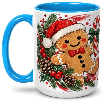 #pl[15oz|Blue] Christmas Gingerbread Man Accent Mug, Ceramic Cup for Holiday Coffee