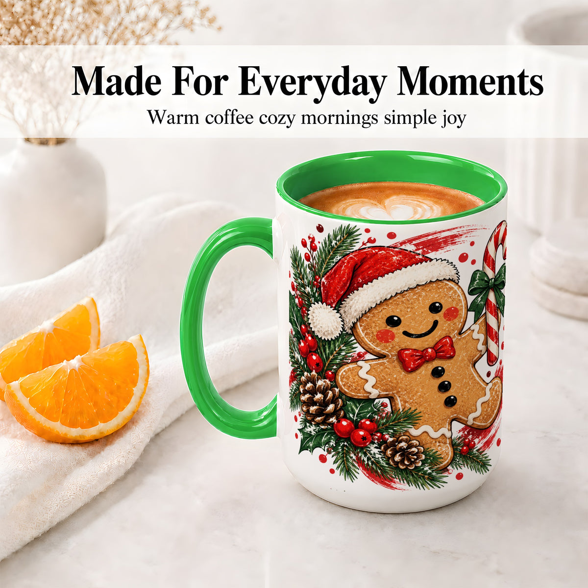 #pl[15oz|Green] Christmas Gingerbread Man Accent Mug, Ceramic Cup for Holiday Coffee