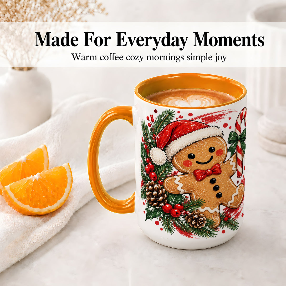 #pl[15oz|Orange] Christmas Gingerbread Man Accent Mug, Ceramic Cup for Holiday Coffee