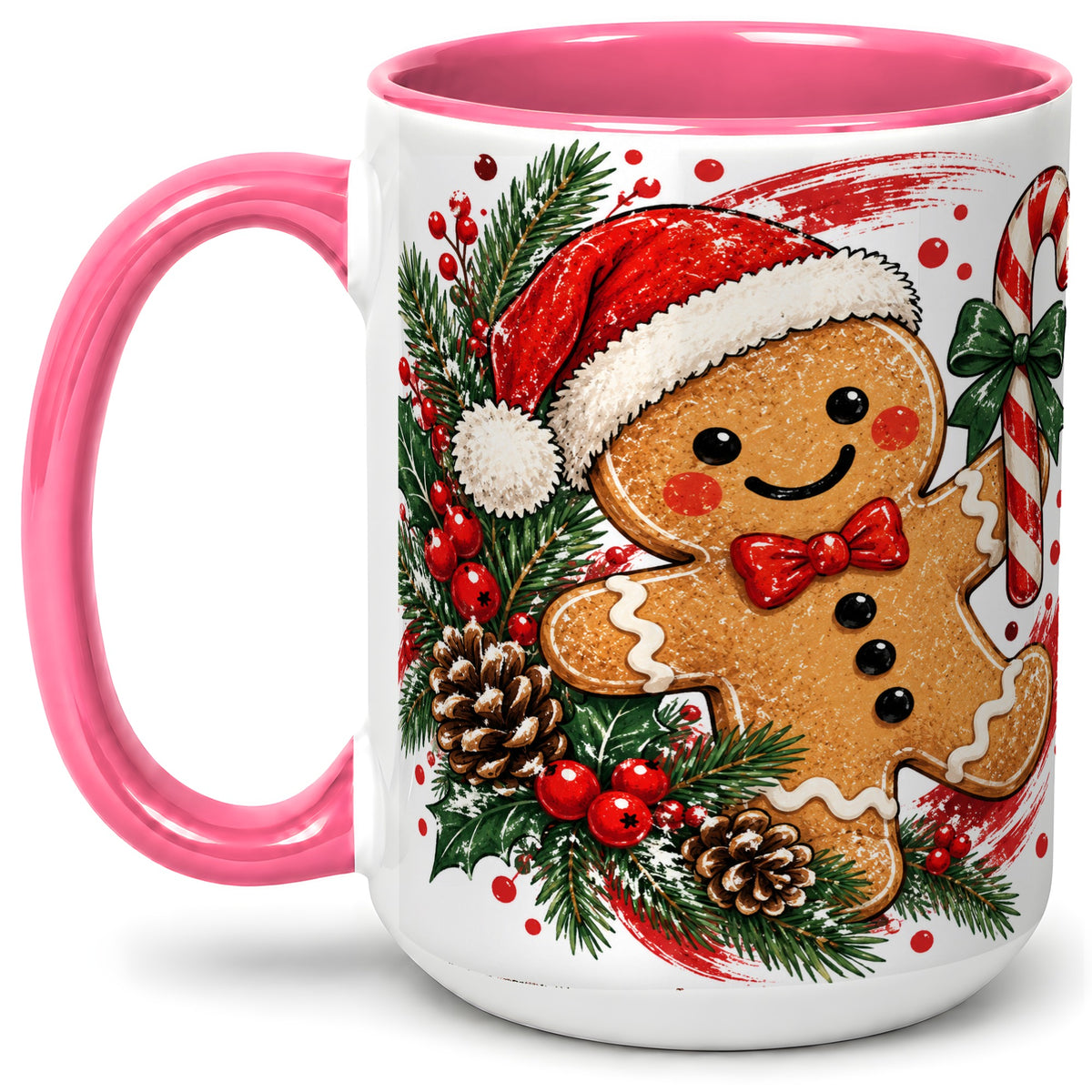 #pl[15oz|Pink] Christmas Gingerbread Man Accent Mug, Ceramic Cup for Holiday Coffee