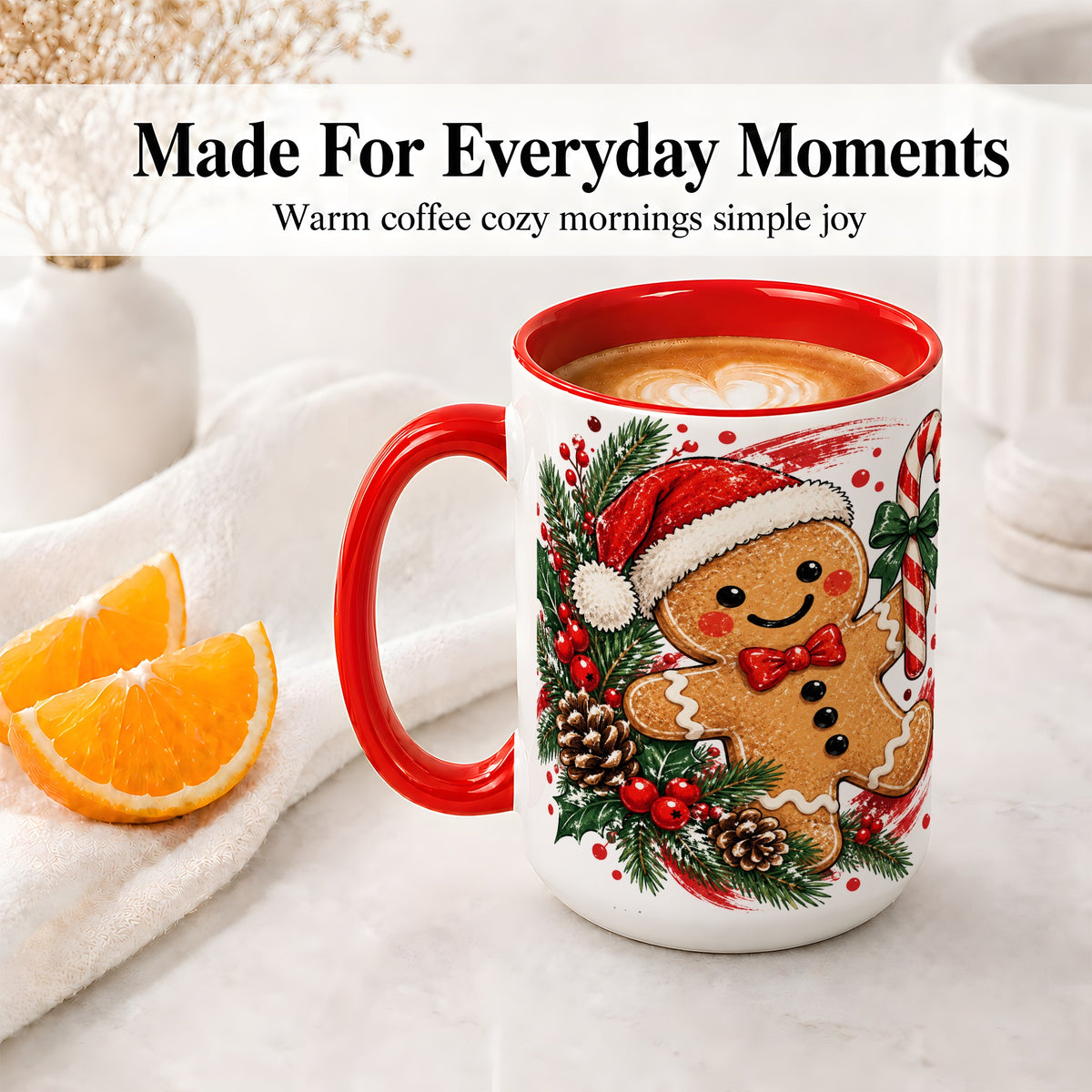 #pl[15oz|Red] Christmas Gingerbread Man Accent Mug, Ceramic Cup for Holiday Coffee