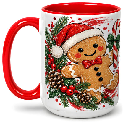 #pl[15oz|Red] Christmas Gingerbread Man Accent Mug, Ceramic Cup for Holiday Coffee