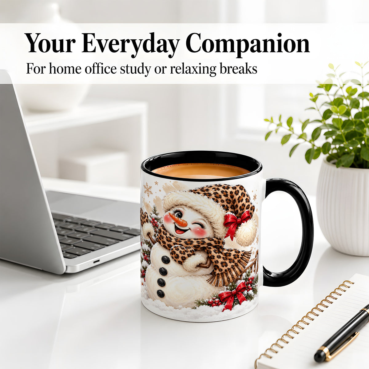 #pl[11oz|Black] Leopard Print Snowman Accent Mug, Ceramic Cup for Christmas Coffee