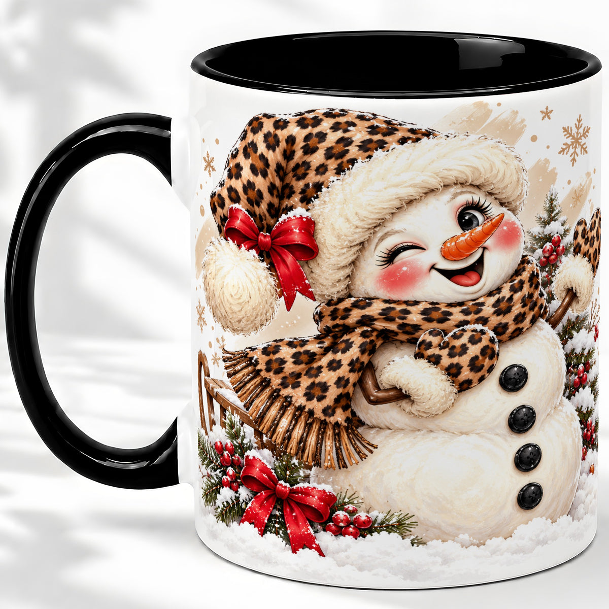 #pl[11oz|Black] Leopard Print Snowman Accent Mug, Ceramic Cup for Christmas Coffee