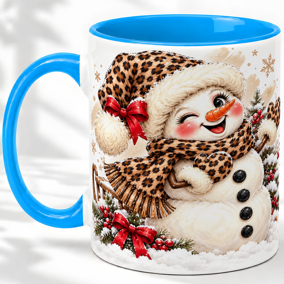 #pl[11oz|Blue] Leopard Print Snowman Accent Mug, Ceramic Cup for Christmas Coffee
