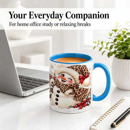 #pl[11oz|Blue] Leopard Print Snowman Accent Mug, Ceramic Cup for Christmas Coffee