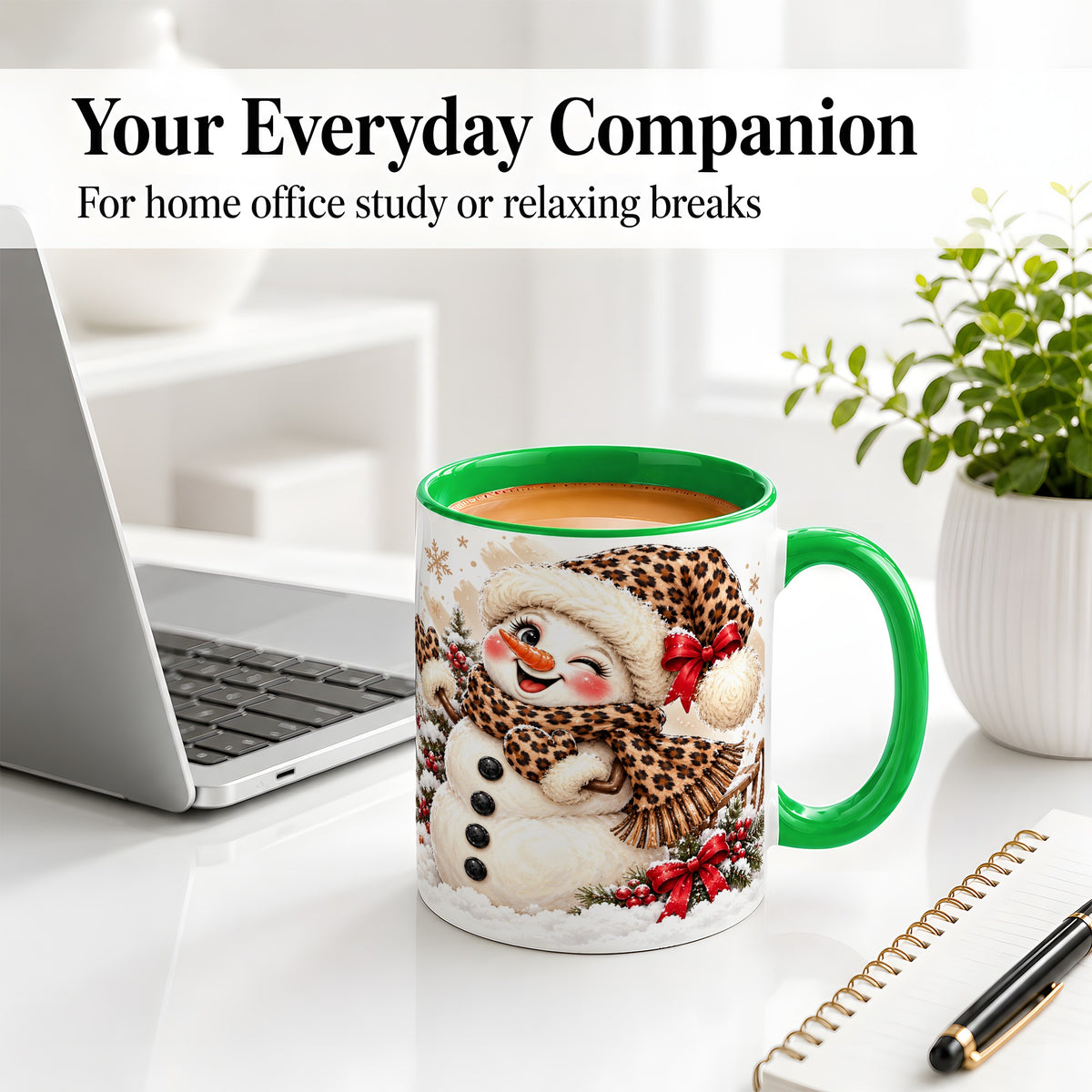 #pl[11oz|Green] Leopard Print Snowman Accent Mug, Ceramic Cup for Christmas Coffee