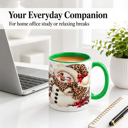 #pl[11oz|Green] Leopard Print Snowman Accent Mug, Ceramic Cup for Christmas Coffee