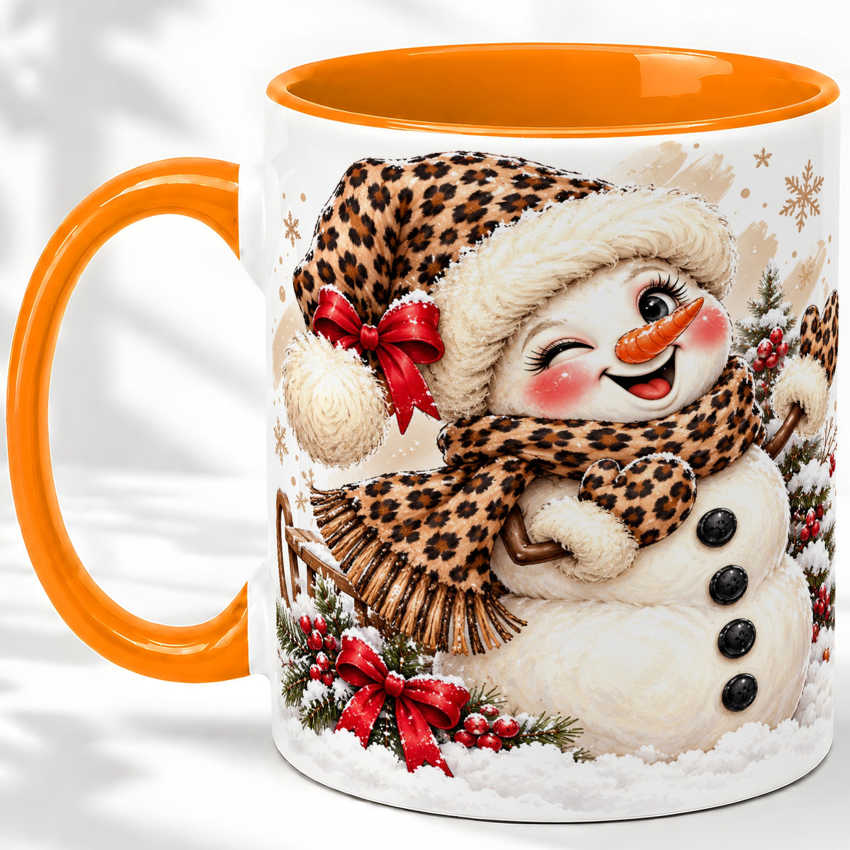 #pl[11oz|Orange] Leopard Print Snowman Accent Mug, Ceramic Cup for Christmas Coffee