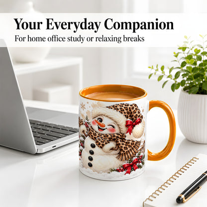 #pl[11oz|Orange] Leopard Print Snowman Accent Mug, Ceramic Cup for Christmas Coffee