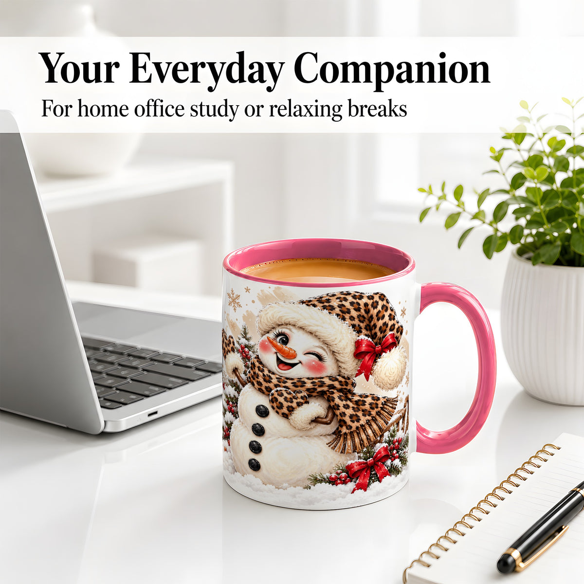 #pl[11oz|Pink] Leopard Print Snowman Accent Mug, Ceramic Cup for Christmas Coffee
