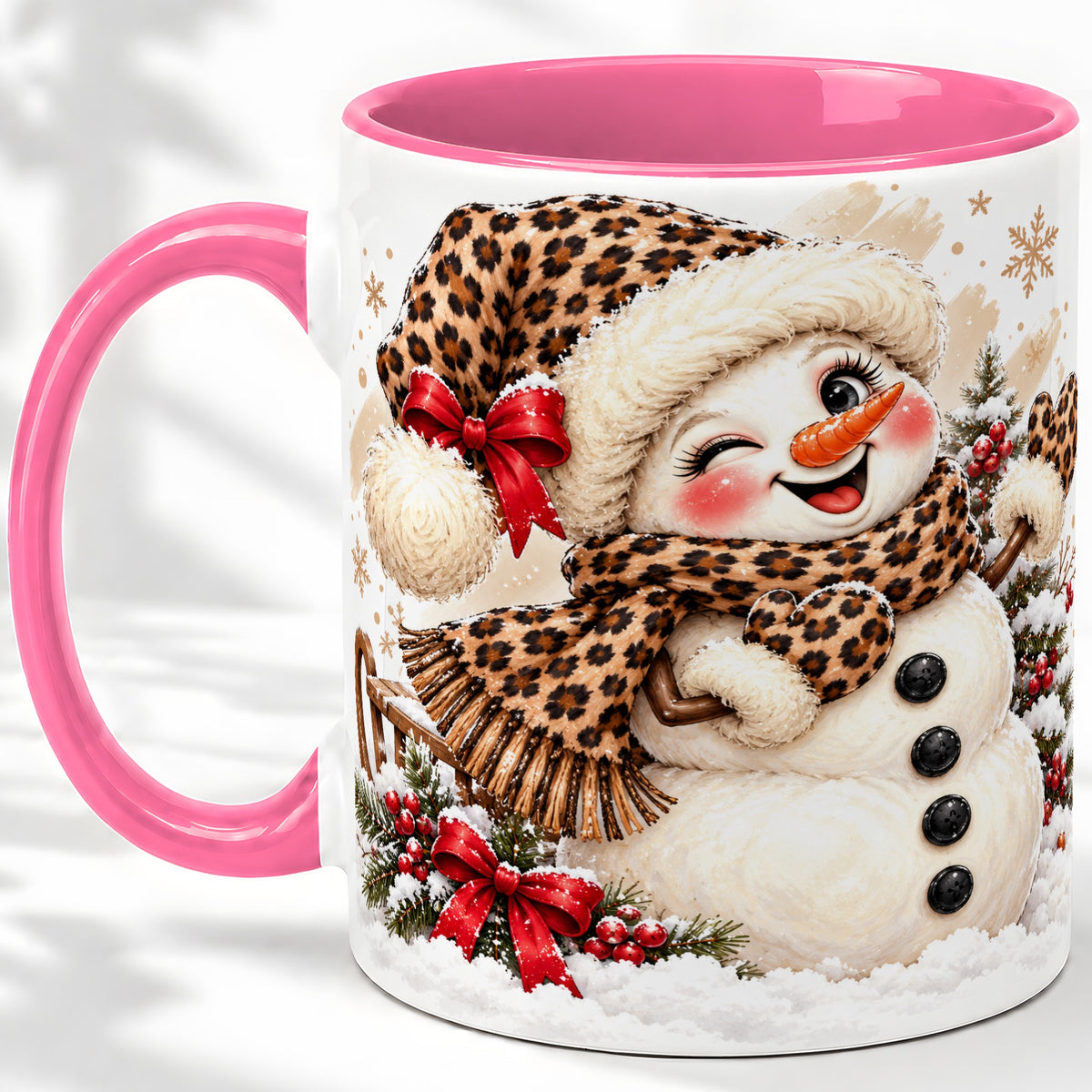 #pl[11oz|Pink] Leopard Print Snowman Accent Mug, Ceramic Cup for Christmas Coffee