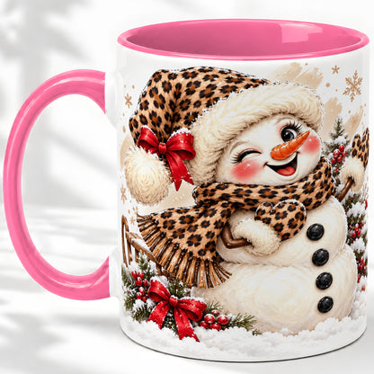 #pl[11oz|Pink] Leopard Print Snowman Accent Mug, Ceramic Cup for Christmas Coffee