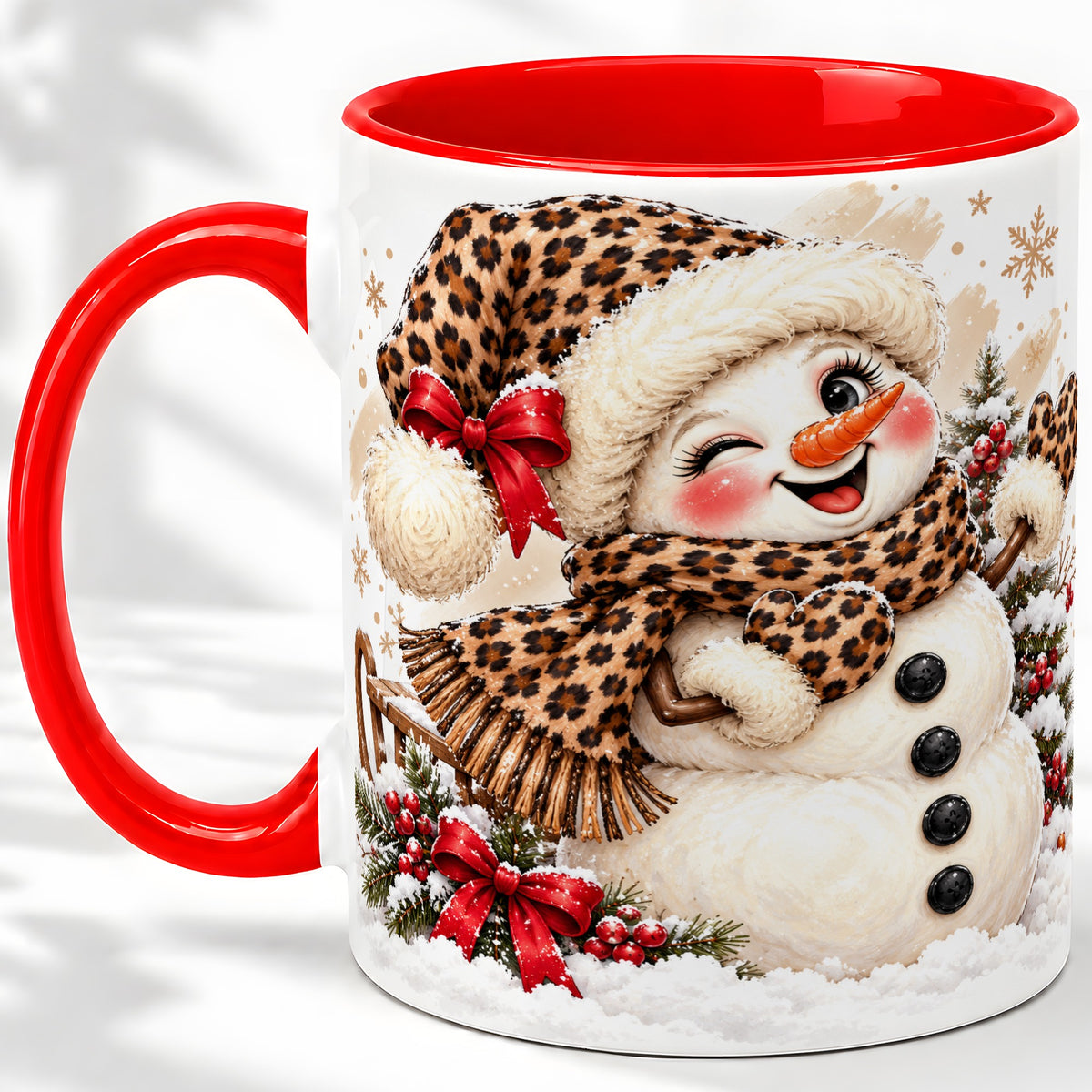 Leopard Print Snowman Accent Mug, Ceramic Cup for Christmas Coffee