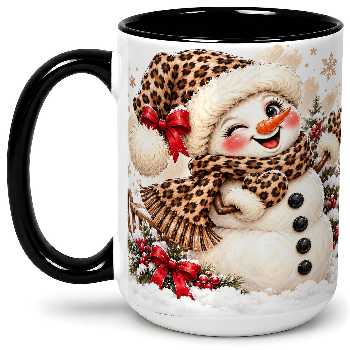 #pl[15oz|Black] Leopard Print Snowman Accent Mug, Ceramic Cup for Christmas Coffee