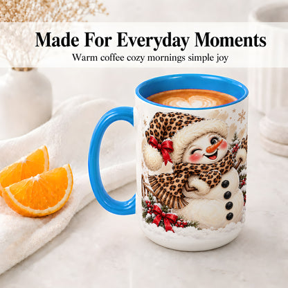 #pl[15oz|Blue] Leopard Print Snowman Accent Mug, Ceramic Cup for Christmas Coffee