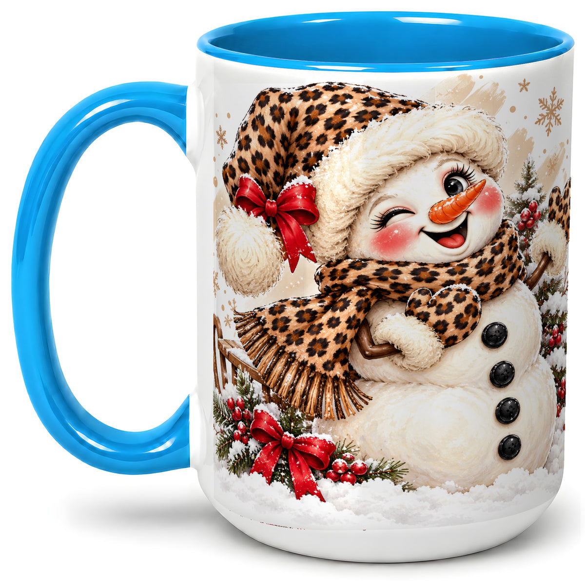 #pl[15oz|Blue] Leopard Print Snowman Accent Mug, Ceramic Cup for Christmas Coffee