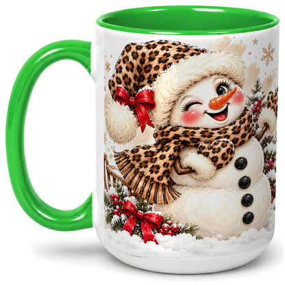 #pl[15oz|Green] Leopard Print Snowman Accent Mug, Ceramic Cup for Christmas Coffee
