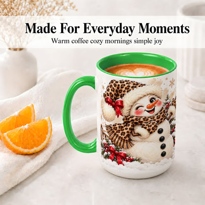 #pl[15oz|Green] Leopard Print Snowman Accent Mug, Ceramic Cup for Christmas Coffee