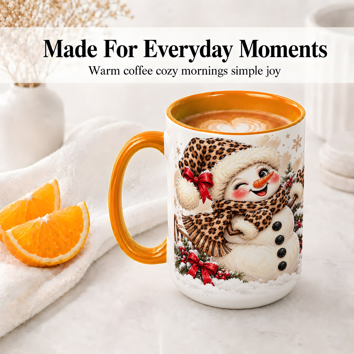 #pl[15oz|Orange] Leopard Print Snowman Accent Mug, Ceramic Cup for Christmas Coffee
