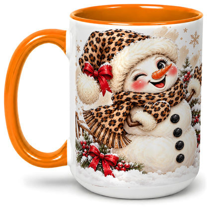 #pl[15oz|Orange] Leopard Print Snowman Accent Mug, Ceramic Cup for Christmas Coffee