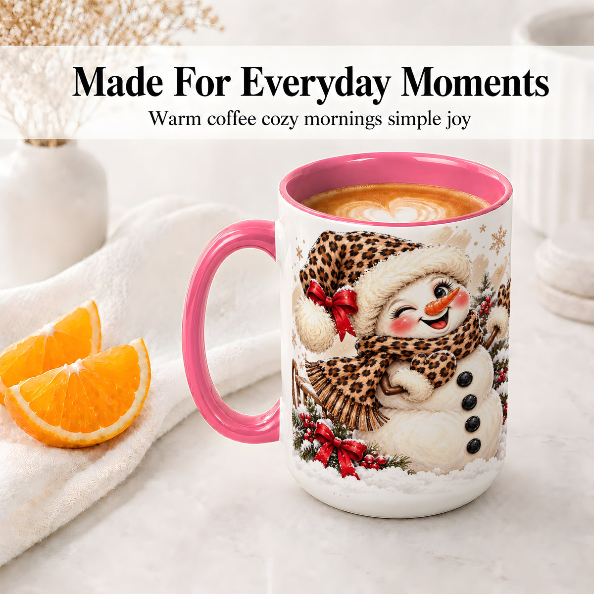 #pl[15oz|Pink] Leopard Print Snowman Accent Mug, Ceramic Cup for Christmas Coffee