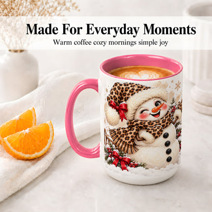 #pl[15oz|Pink] Leopard Print Snowman Accent Mug, Ceramic Cup for Christmas Coffee