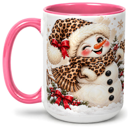 #pl[15oz|Pink] Leopard Print Snowman Accent Mug, Ceramic Cup for Christmas Coffee