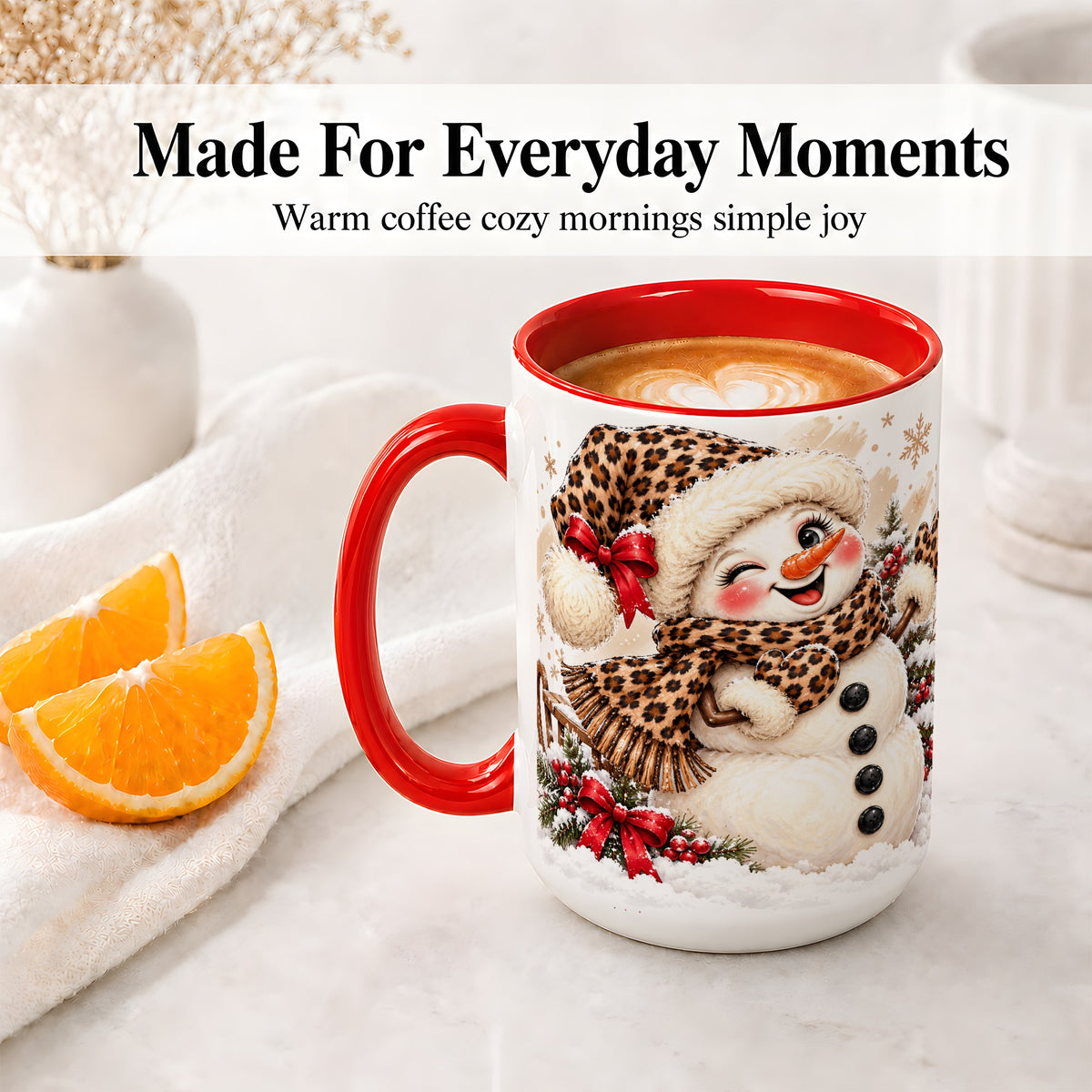 #pl[15oz|Red] Leopard Print Snowman Accent Mug, Ceramic Cup for Christmas Coffee