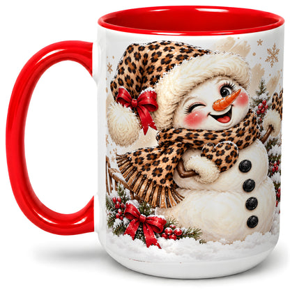 #pl[15oz|Red] Leopard Print Snowman Accent Mug, Ceramic Cup for Christmas Coffee