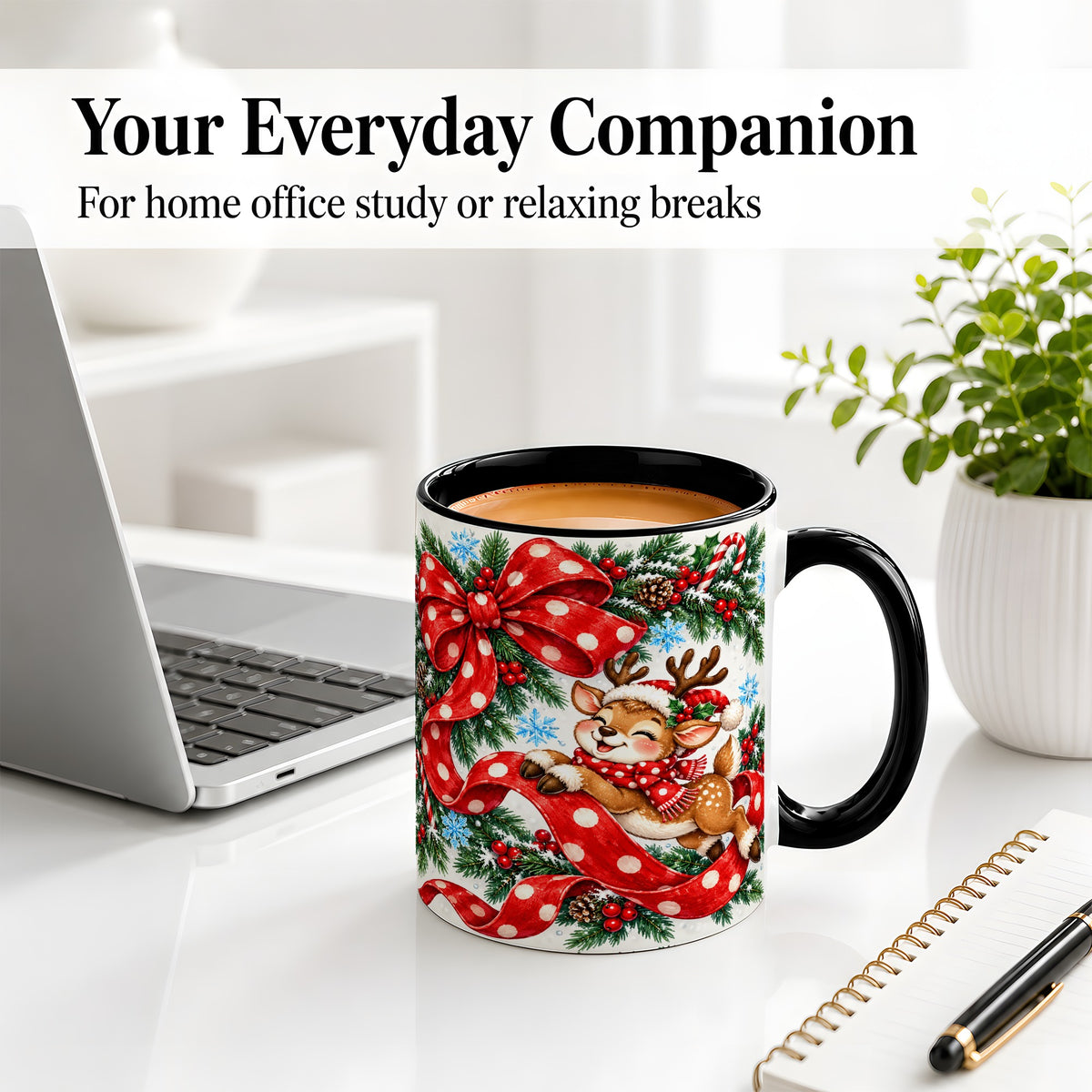#pl[11oz|Black] Christmas Reindeer Accent Mug, Ceramic Cup with Red Polka Dot Bow