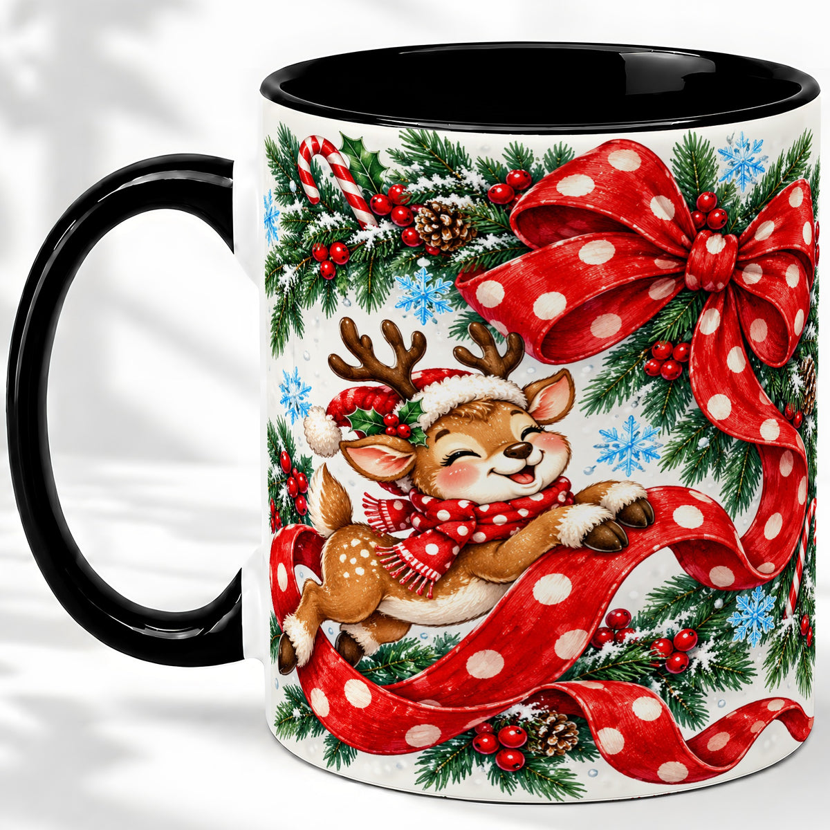 #pl[11oz|Black] Christmas Reindeer Accent Mug, Ceramic Cup with Red Polka Dot Bow