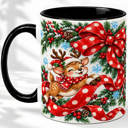 #pl[11oz|Black] Christmas Reindeer Accent Mug, Ceramic Cup with Red Polka Dot Bow