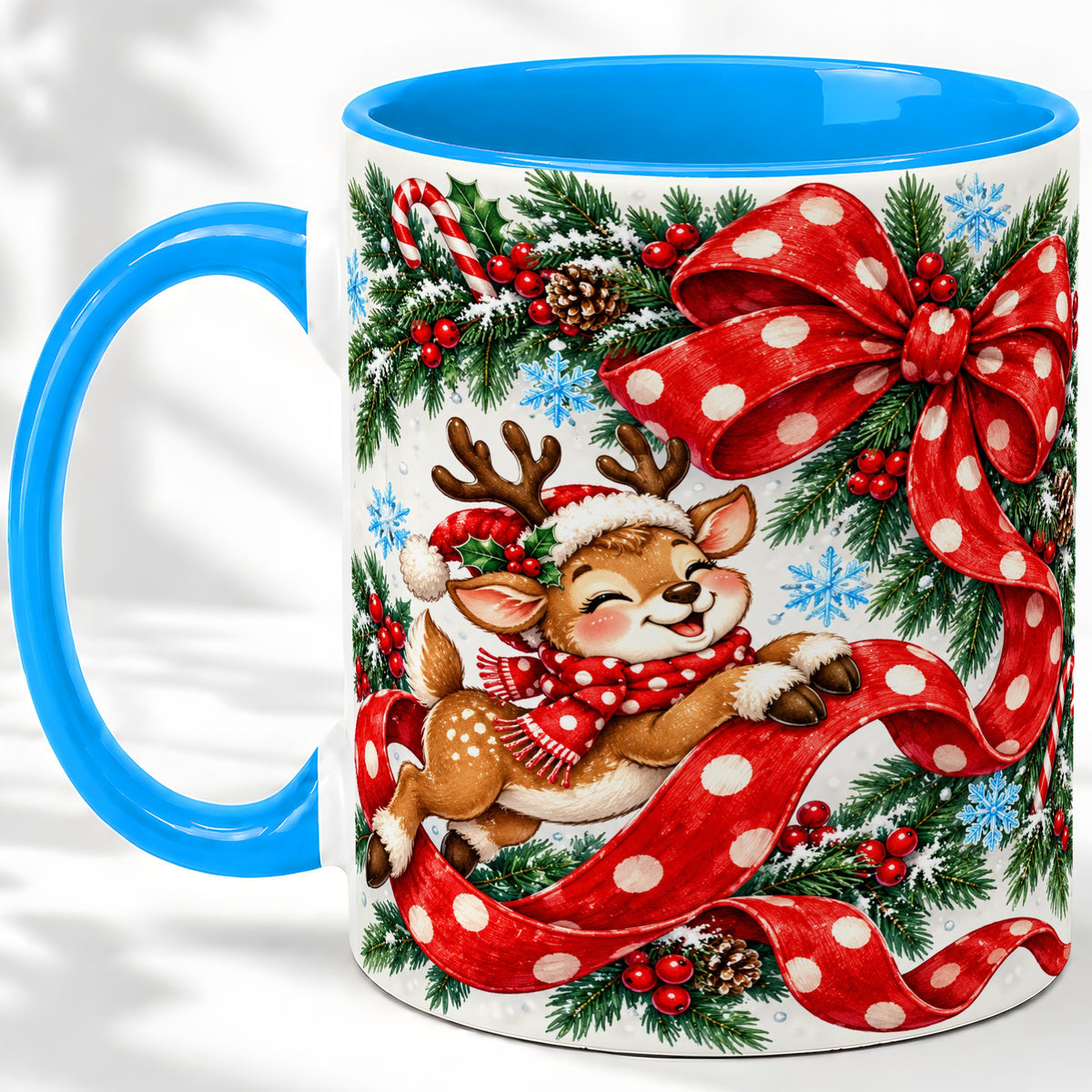 #pl[11oz|Blue] Christmas Reindeer Accent Mug, Ceramic Cup with Red Polka Dot Bow
